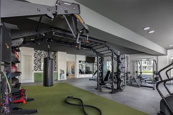 A gym with a green floor and a variety of equipment.